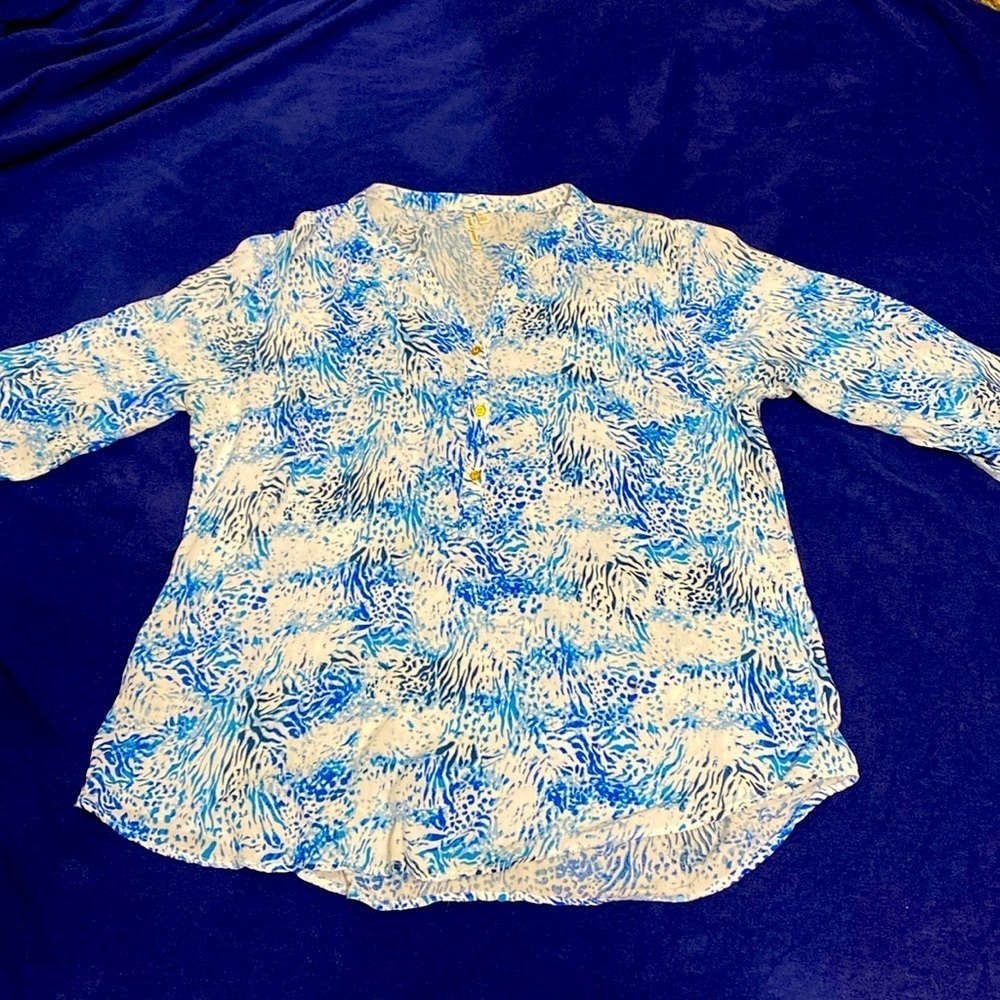 Blue & White  XL Lightweight Blouse Summer Whimsical Fairy Abstract